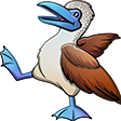 A cartoon style depiction of a blue footed booby bird, which is white with brown wings and blue beak and blue feet. One foot is off the ground in a playful dance like position.