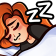 Cartoon Kolo with her head on a pillow and eyes closed. The large white letters ZZ appear next to her face as she sleeps under a blanket.