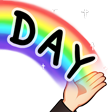 The right half of a colourful rainbow with DAY written on it in large black capital lettering, cartoon Kolo's right hand is holding it.