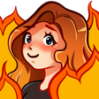Cartoon Kolo’s head with an awkward smile on her face looking at the viewer, surrounded by blazing flames.