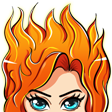 Cartoon Kolo’s face from eyes upwards at the bottom of the image. Her ginger hair stands upright, reminiscent of fire and flames as it fills the image.