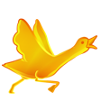 A golden cartoon goose with a bright orange beak and legs, facing to the right. It’s in the middle of honking, with wings held upwards.