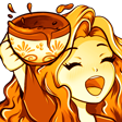 A golden cartoon Kolo with a happy face, eyes closed and mouth open, holding up a huge ceramic mug with a broad stripe featuring a floral pattern on it, tea is spilling out.