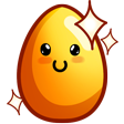 A large golden cartoon egg with a smiling face and big white sparkles surrounding it.