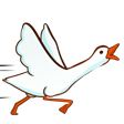 A cartoon white goose with a bright orange beak and legs, facing to the right. It’s in the middle of honking, with wings held upwards.