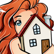 Cartoon Kolo with flowing ginger hair, hugging a tiny white house with a red roof, a chimney,two doors and a wooden door.