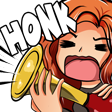 Cartoon Kolo with her mouth wide open in a chaotic scream expression. She holds a golden hork with a red bulb end, and is squeezing it. The text HONK appears above her in white capital lettering.