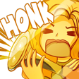 Golden cartoon Kolo with her mouth wide open in a chaotic scream expression. She holds a hork and is squeezing it. The text HONK appears above her in white capital lettering.