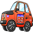 A chubby ginger cartoon car representing a Fiat 126, with lots of racing decals all over it and the number 89 in large orange letters on the side door.