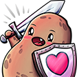A cartoon Potato with an excited face. It has one tooth visible in its open mouth. It holds a shiny silver sword and a metal shield with a pink heart on it.