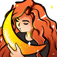 Cartoon Kolo with flowing ginger hair and a comforting look on her face, gently holding a large golden moon in her arms.