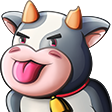 A cartoon cow. It’s black and white, with little horns on it’s head and a cowbell round it’s neck. It’s pink tongue is sticking out as if it’s blowing a raspberry.