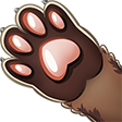 The left paw of a brown cartoon tabby cat held up, with her pink beans exposed and tiny sharp claws visible at the end of it.