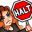 Cartoon Kolo with an angry look on her face looking at the viewer, holding up a red stop sign with the word HALT on it in large white capital lettering.
