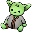 A little green cartoon puppet representing Yoda with a blank look on his face, sitting still on the floor.