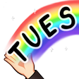 The left half of a colourful rainbow with TUES written on it in large black capital lettering, cartoon Kolo's left hand is holding it.