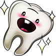 A cartoon tooth, complete with root, surrounded by white sparkles. It has a face, with a wide open mouth and a single tooth inside.
