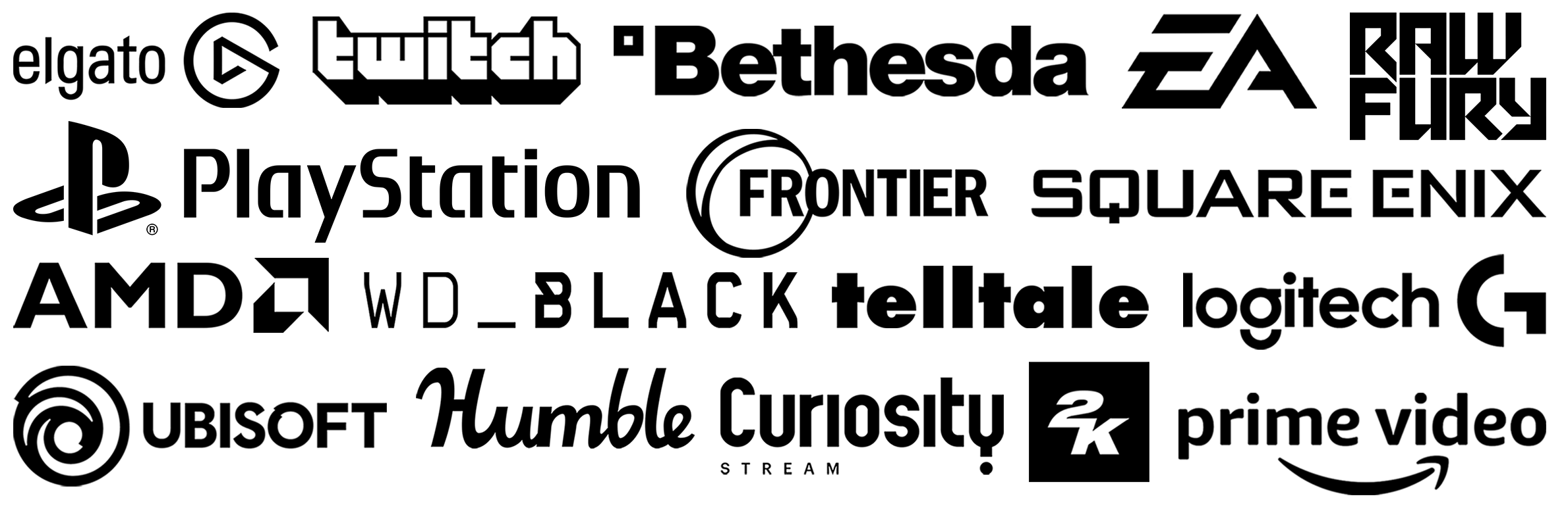 An overview of sponsors, showing logos such as 2K, AMD, Bethesda, Curiosity Stream, EA, Elgato, Frontier, Humble, Logitech, Prime Video, Raw Fury, Playstation, Square Enix, Telltale, Twitch, Ubisoft and WD Black.