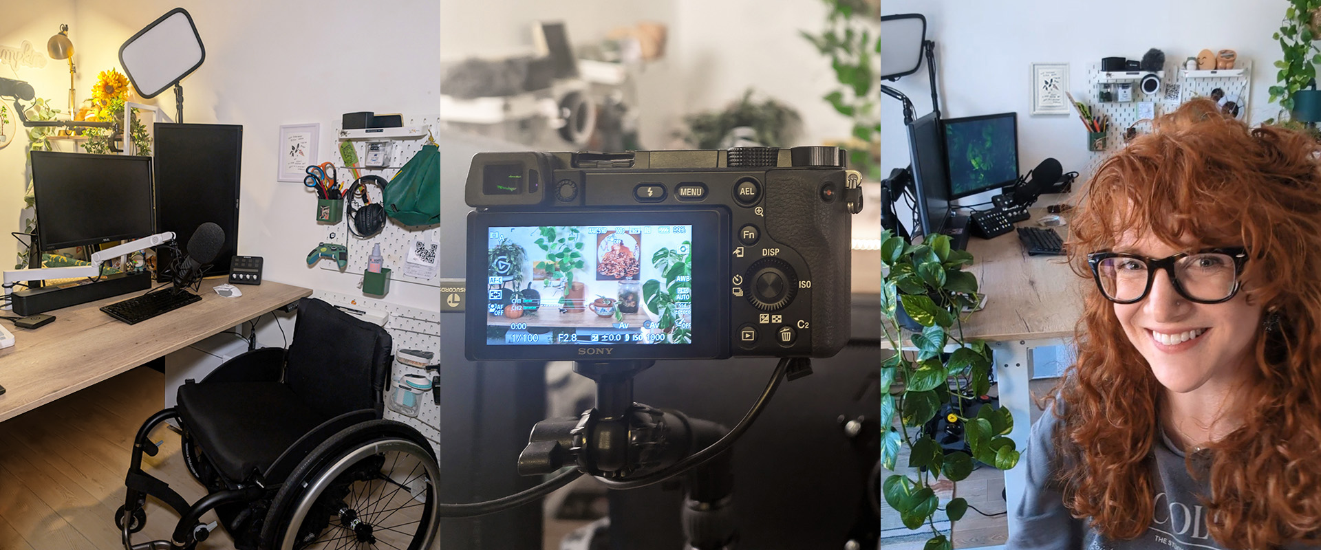 Three images. The first is HelloItsKolo's desk, with two monitors, studio lighting. Kolo's manual wheelchair is at the desk, behind it is a wall mounted pegboard with gaming and streaming equipment. The second image is taken from behind a DSLR, showing the image preview on the back of the camera, which is of Kolo's stream background full of plants. The third image is Kolo smiling, her ginger hair worn down. In the background is another angle of her stream setup including the desk and pegboard in the first image, and plants!