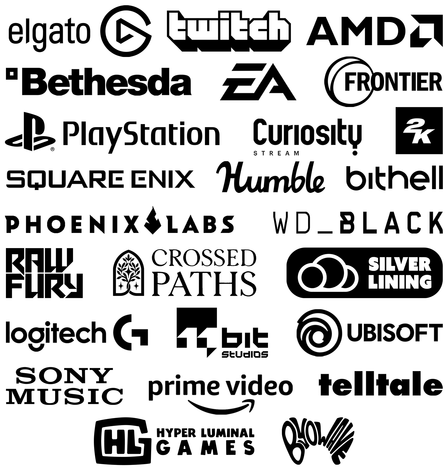 An overview of sponsors, showing logos such as 2K, AMD, Bethesda, Curiosity Stream, EA, Elgato, Frontier, Humble, Hyper Luminal Games, Logitech, Prime Video, Raw Fury, Phoenix Labs, Playstation, Square Enix, Telltale, Twitch, Ubisoft and WD Black.